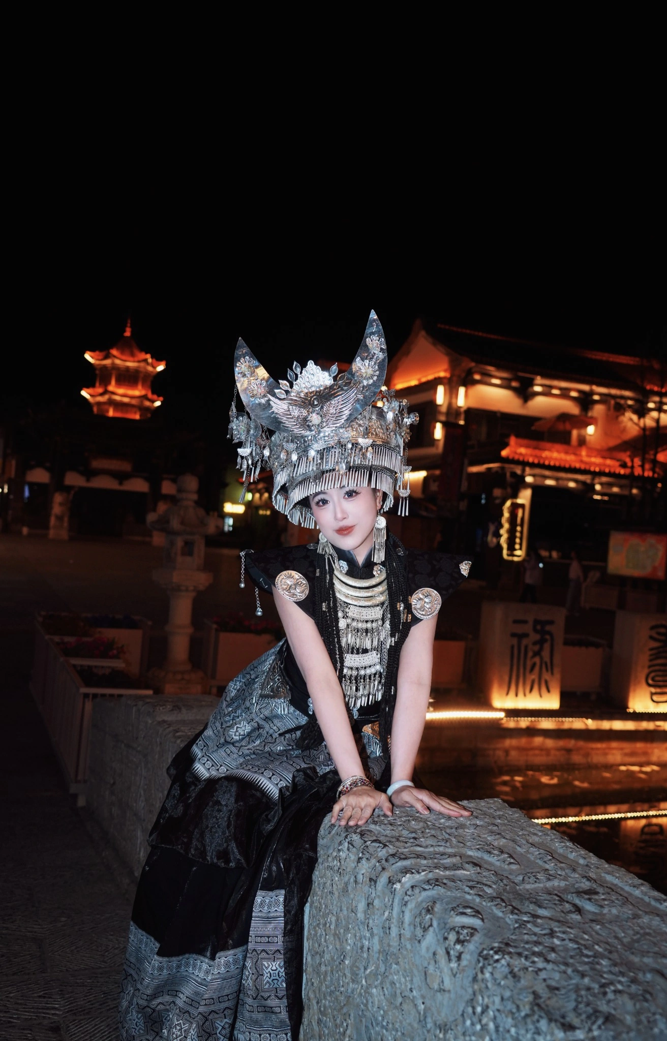 Tiffany Iris — Silver headdress fashion portrait at night